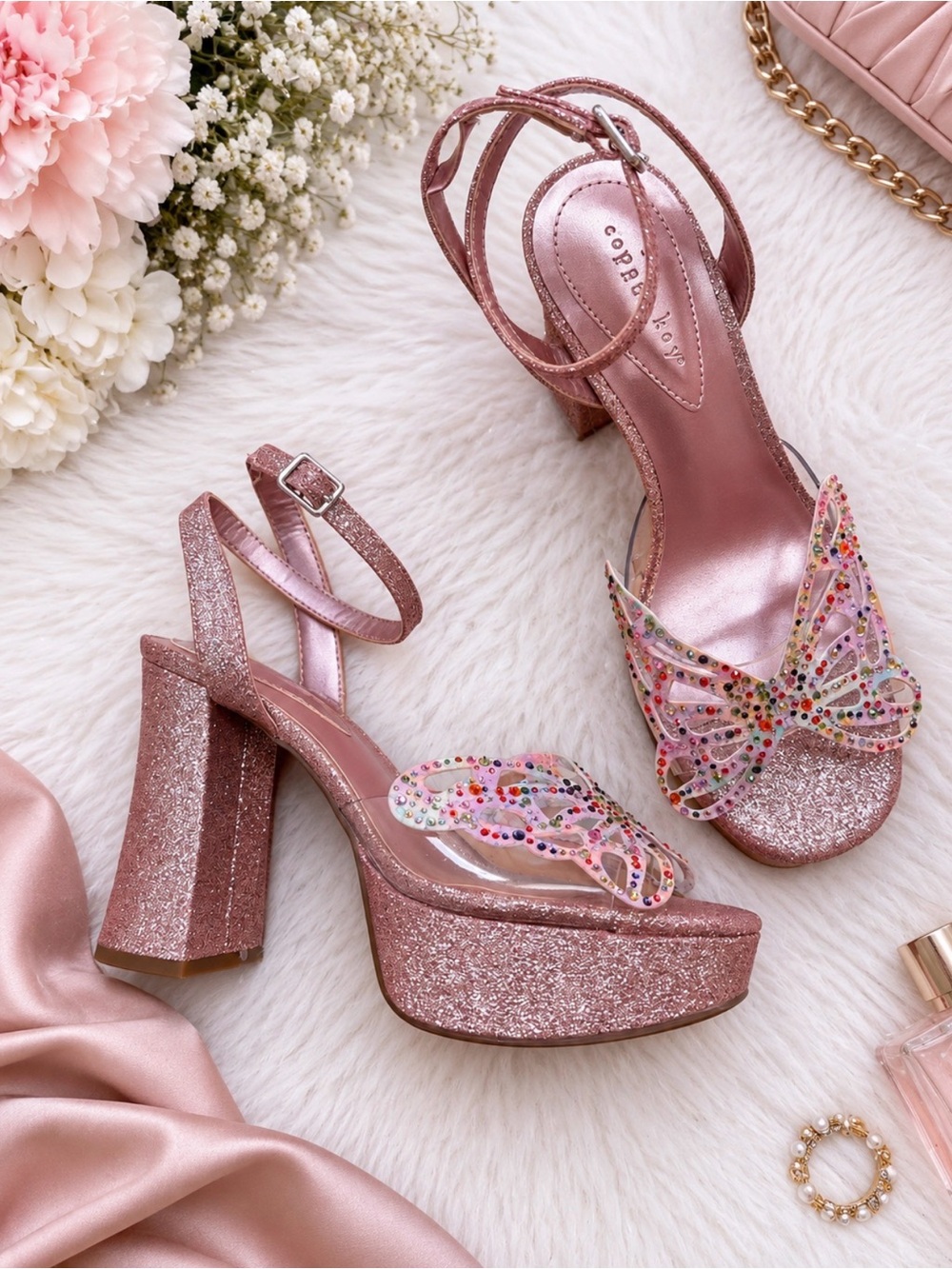 Marigold Rhinestone Butterfly Platform Sandals Pink Glitter